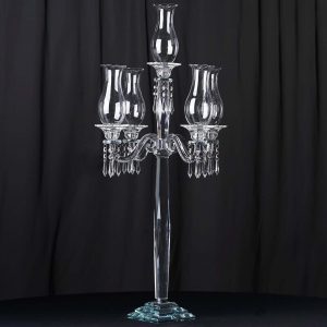 5 Arm Crystal Glass Taper Candle Holder Candelabra 40" - Luxurious Table Centerpiece With Chandelier Chains